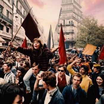 Massa demonstranten met rode vlaggen tijdens de opstand en stakingen van mei 1968 in Frankrijk.