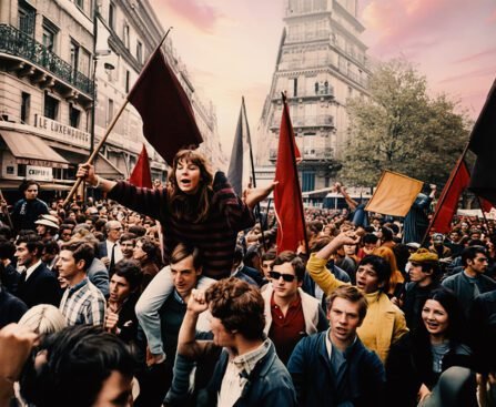 Massa demonstranten met rode vlaggen tijdens de opstand en stakingen van mei 1968 in Frankrijk.