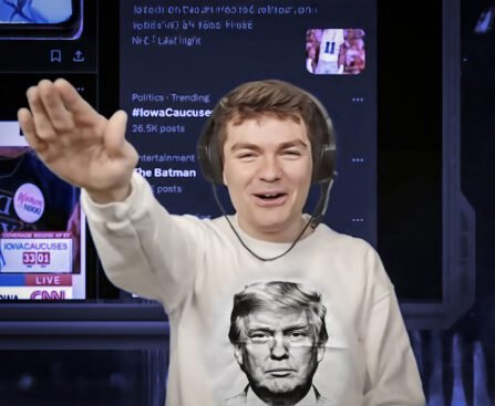 Jonge extreemrechtse influencer met koptelefoon steekt arm omhoog tijdens livestream, met schermen vol sociale media en politieke trending topics op de achtergrond.