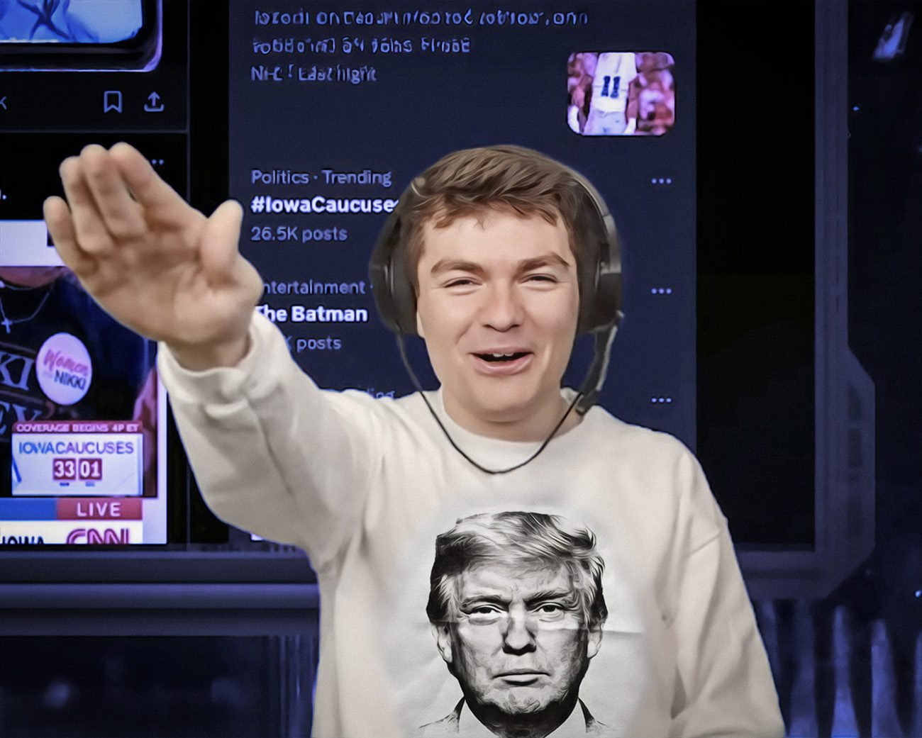 Jonge extreemrechtse influencer met koptelefoon steekt arm omhoog tijdens livestream, met schermen vol sociale media en politieke trending topics op de achtergrond.