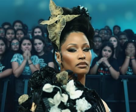 Nicki Minaj op een podium kijkt strak vooruit terwijl een zichtbaar emotioneel publiek op de achtergrond toekijkt.