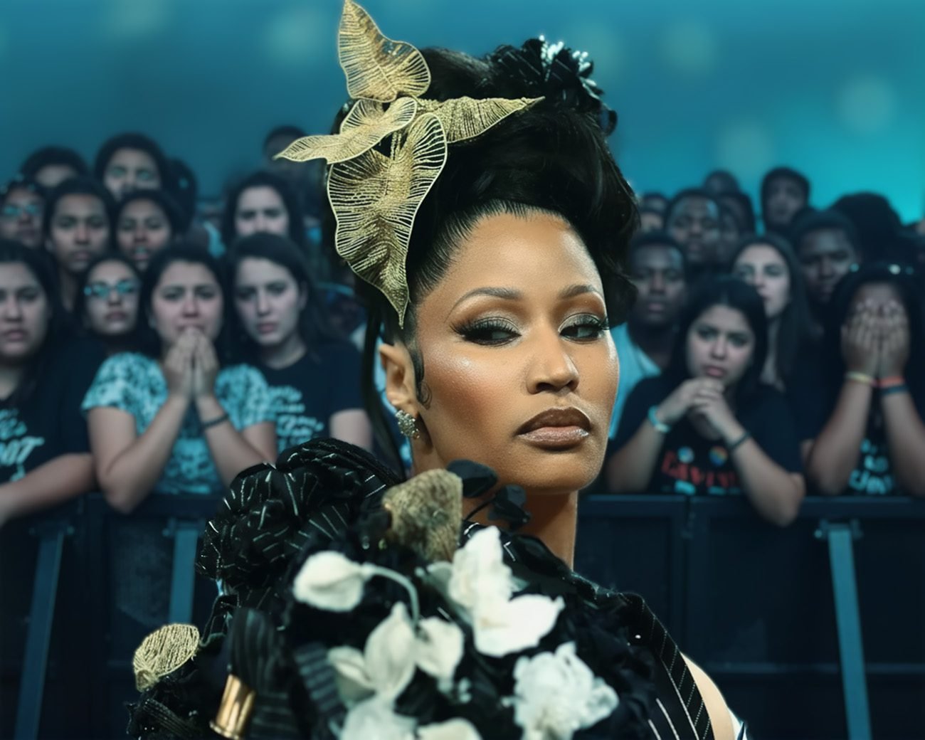 Nicki Minaj op een podium kijkt strak vooruit terwijl een zichtbaar emotioneel publiek op de achtergrond toekijkt.