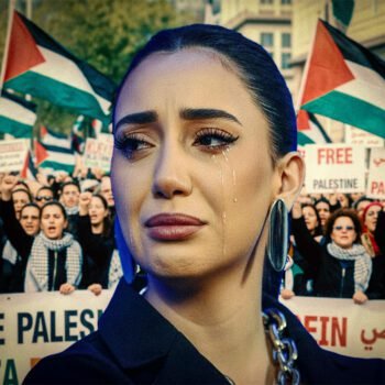 Israëlische songfestivaldeelneemster Yuval Raphael met tranen in haar ogen tijdens pro-Palestina-demonstratie, met Palestijnse vlaggen en borden tegen de oorlog in Gaza op de achtergrond.