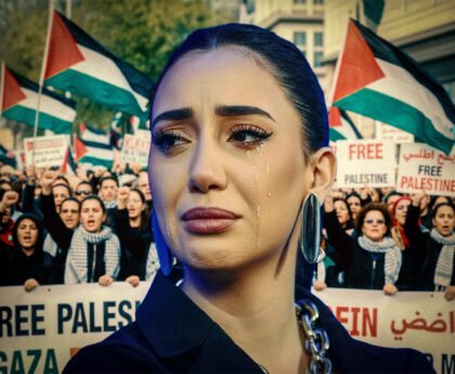 Israëlische songfestivaldeelneemster Yuval Raphael met tranen in haar ogen tijdens pro-Palestina-demonstratie, met Palestijnse vlaggen en borden tegen de oorlog in Gaza op de achtergrond.