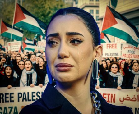Israëlische songfestivaldeelneemster Yuval Raphael met tranen in haar ogen tijdens pro-Palestina-demonstratie, met Palestijnse vlaggen en borden tegen de oorlog in Gaza op de achtergrond.