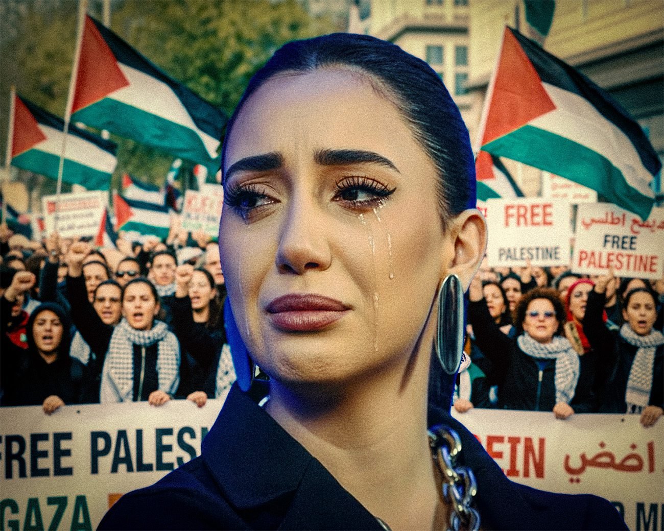 Israëlische songfestivaldeelneemster Yuval Raphael met tranen in haar ogen tijdens pro-Palestina-demonstratie, met Palestijnse vlaggen en borden tegen de oorlog in Gaza op de achtergrond.