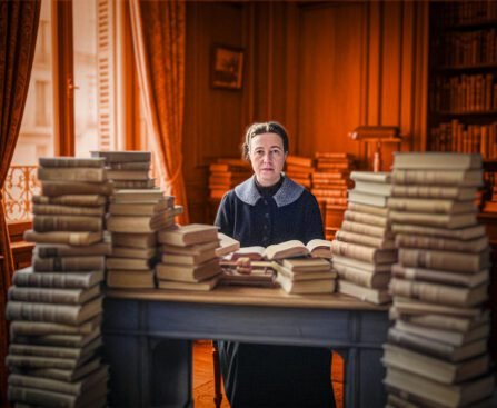 Vrouw zit aan een bureau omringd door hoge stapels boeken, verwijzend naar kennis, normering en intellectuele arbeid.