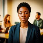 Een jonge zwarte vrouw kijkt recht in de camera terwijl collega’s achter haar werken; de compositie benadrukt zichtbaarheid en ongelijkheid op de werkvloer.