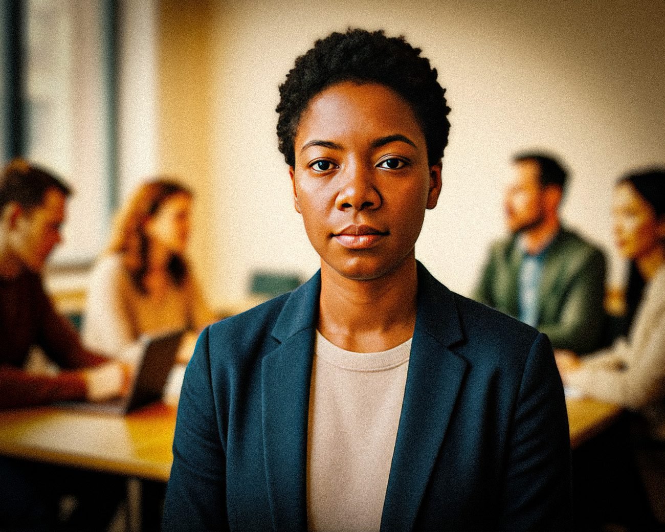 Een jonge zwarte vrouw kijkt recht in de camera terwijl collega’s achter haar werken; de compositie benadrukt zichtbaarheid en ongelijkheid op de werkvloer.