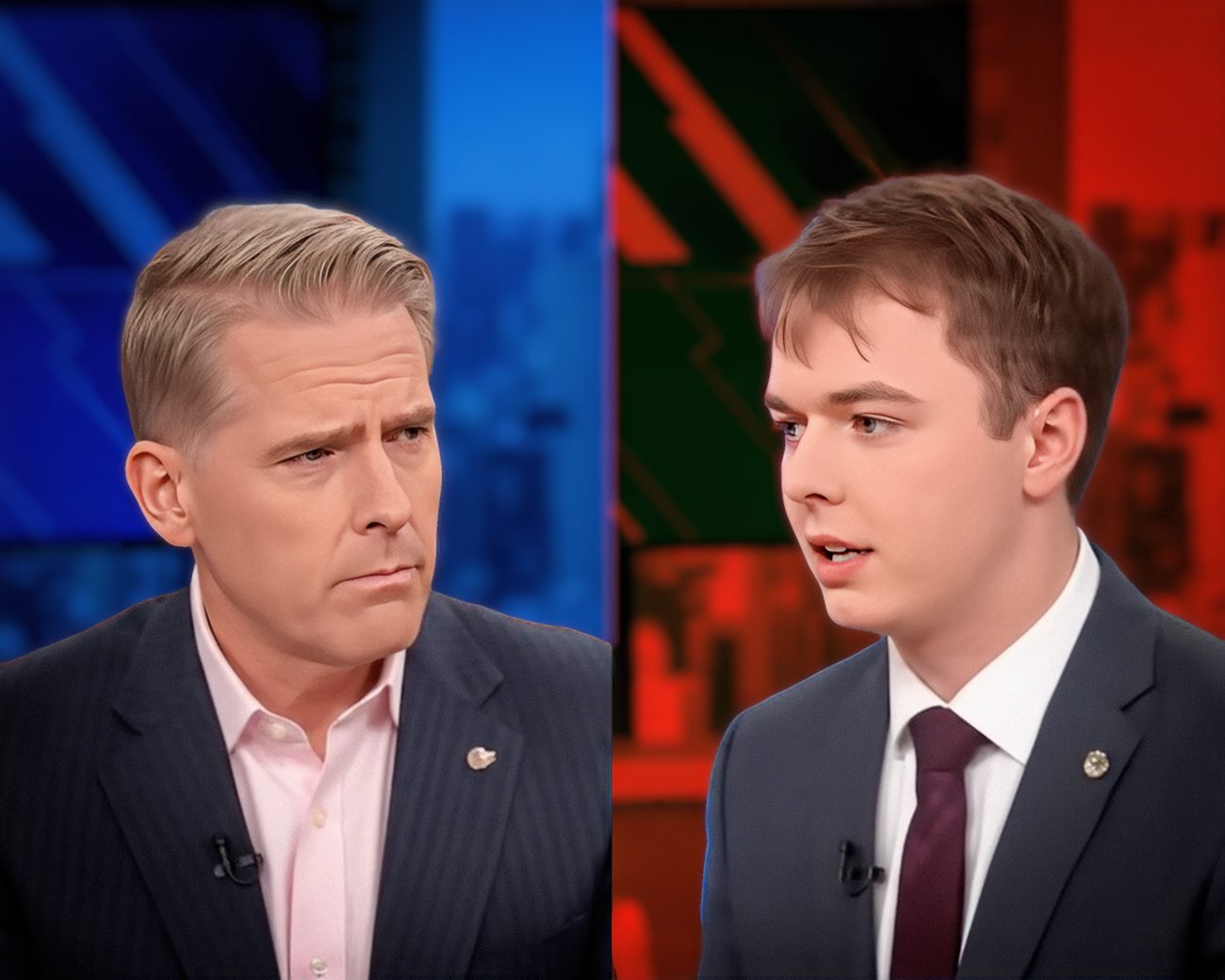 Televisiedebat tussen Adam Mockler en een conservatieve politicus in een studio-omgeving