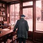 Man van achteren in een apotheek kijkt door het raam naar een Europese straat rond 1900