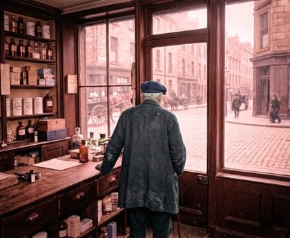 Man van achteren in een apotheek kijkt door het raam naar een Europese straat rond 1900