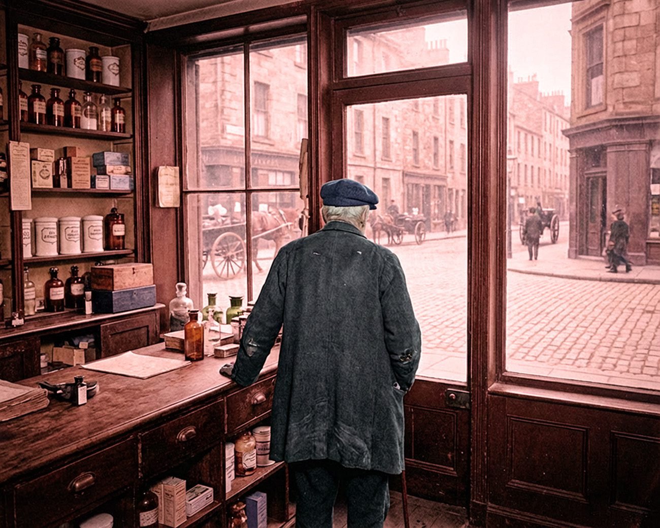 Man van achteren in een apotheek kijkt door het raam naar een Europese straat rond 1900