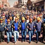 Mijnwerkers en arbeiders marcheren gezamenlijk door de straten van La Paz tijdens de algemene staking tegen Decreet 5503.