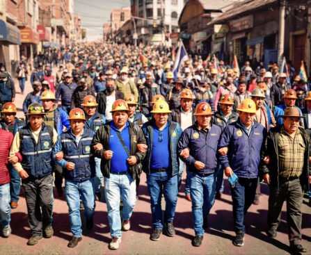 Mijnwerkers en arbeiders marcheren gezamenlijk door de straten van La Paz tijdens de algemene staking tegen Decreet 5503.