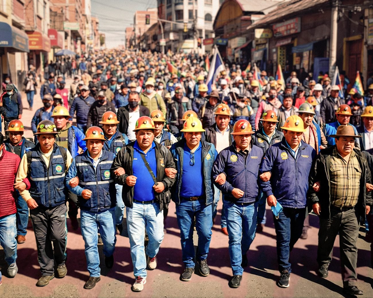 Mijnwerkers en arbeiders marcheren gezamenlijk door de straten van La Paz tijdens de algemene staking tegen Decreet 5503.