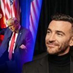 Brian Tyler Cohen naast beeld van Donald Trump tijdens politieke toespraak