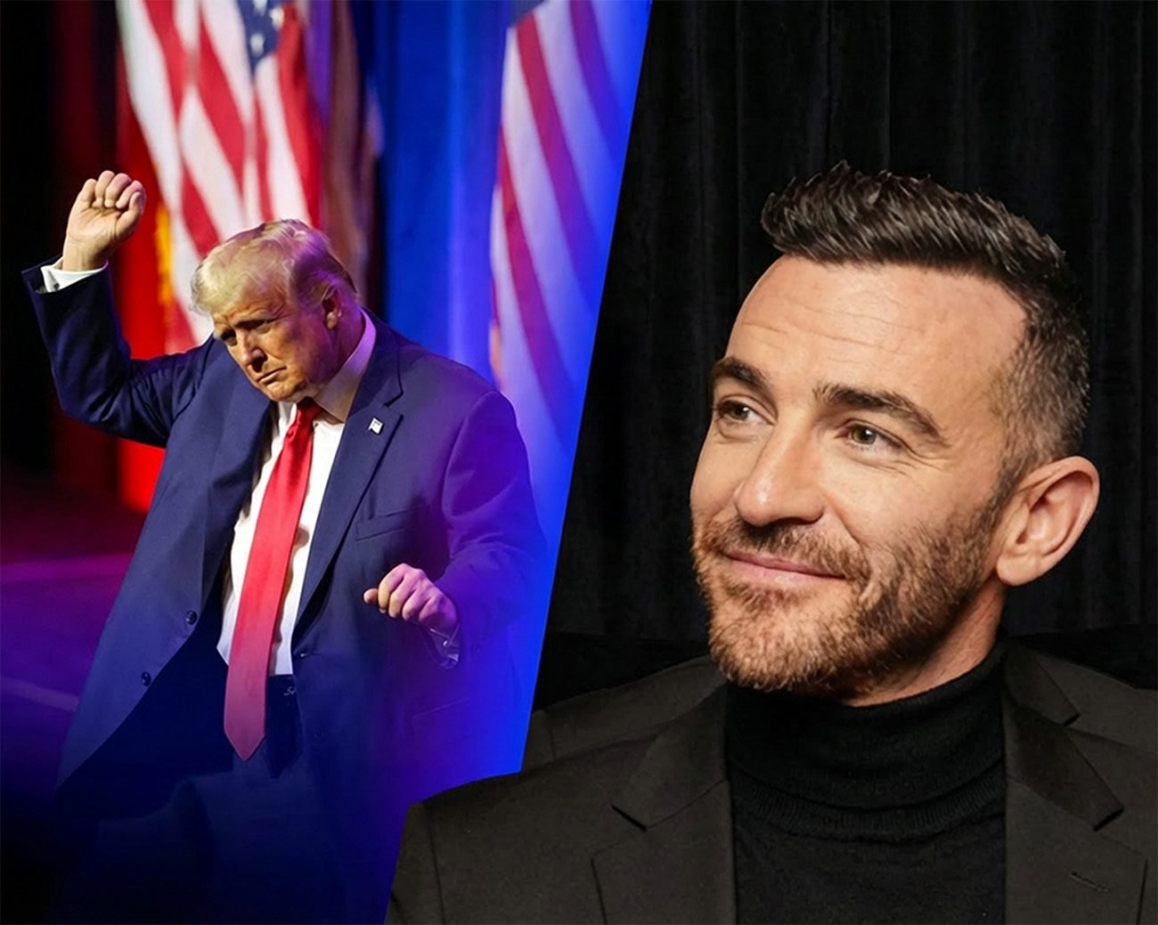 Brian Tyler Cohen naast beeld van Donald Trump tijdens politieke toespraak