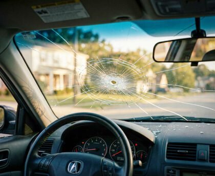 Voorruit van een auto met kogelinslag na confrontatie met Amerikaanse immigratiehandhaving