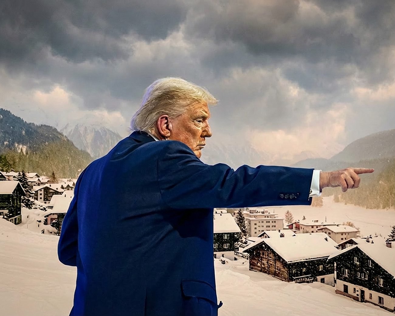 Donald Trump wijst tijdens het World Economic Forum in Davos terwijl hij spreekt over territorium en macht