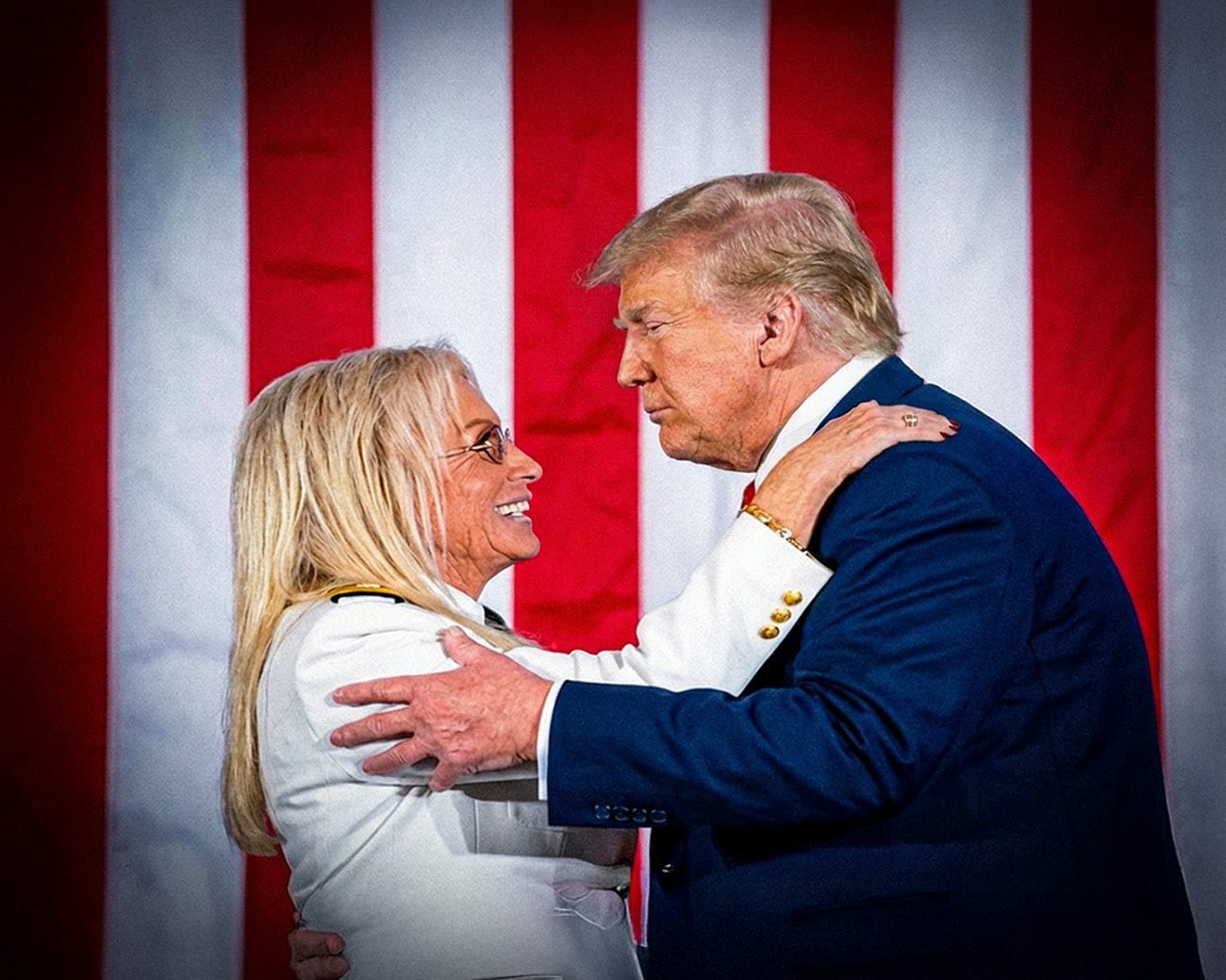 Donald Trump en miljardair Miriam Adelson tijdens een ceremonieel moment, zichtbaar in elkaars directe nabijheid.