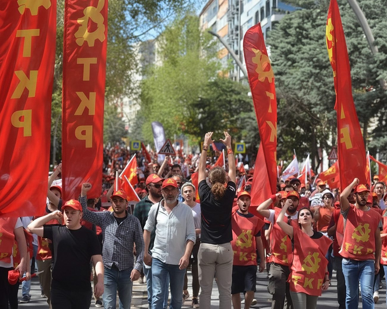 Demonstratie van Turkse communisten met rode TKP-vlaggen tijdens een protest in Nederland