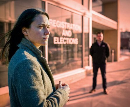Persoon voor het verkiezingscentrum van Fulton County terwijl federale aanwezigheid zichtbaar is bij een onderzoek naar verkiezingsmateriaal.