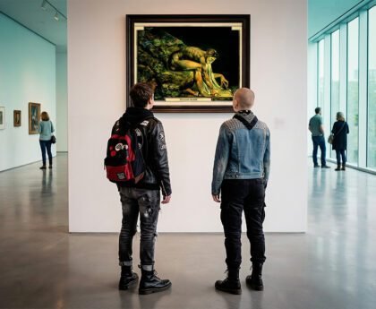 Twee bezoekers kijken naar William Blakes werk Newton, waarin een gebogen figuur verdiept is in meten en berekenen terwijl de levende wereld wordt genegeerd.