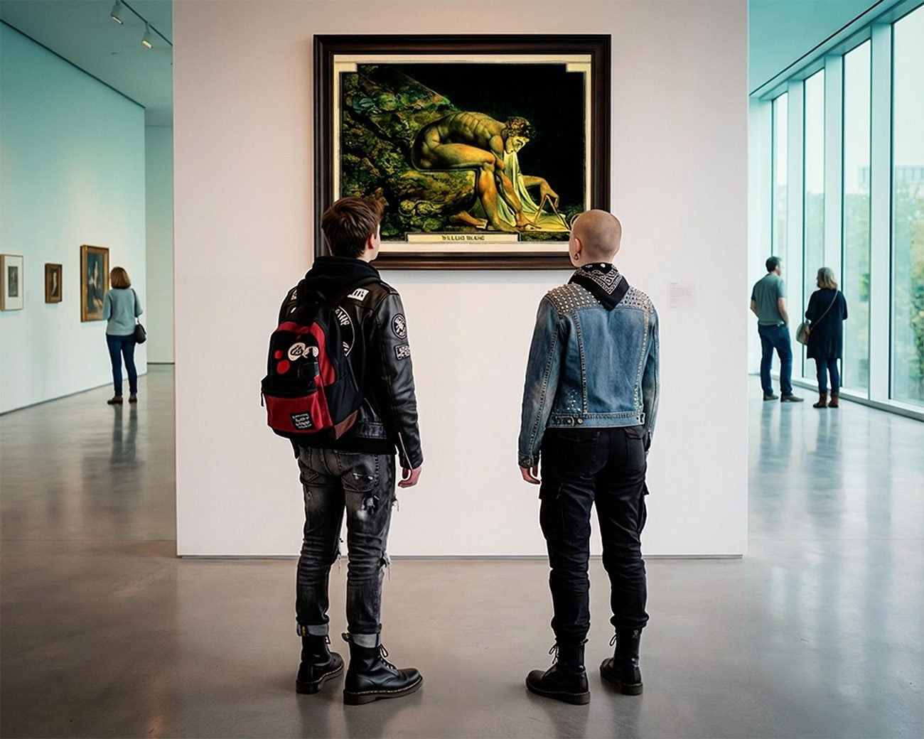 Twee bezoekers kijken naar William Blakes werk Newton, waarin een gebogen figuur verdiept is in meten en berekenen terwijl de levende wereld wordt genegeerd.