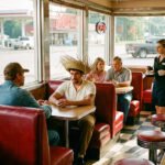 Man met strohoed zit in een Amerikaanse diner tussen lokale bezoekers terwijl hij recht in de camera kijkt