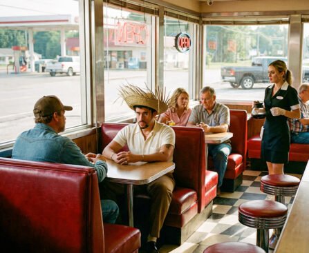 Man met strohoed zit in een Amerikaanse diner tussen lokale bezoekers terwijl hij recht in de camera kijkt