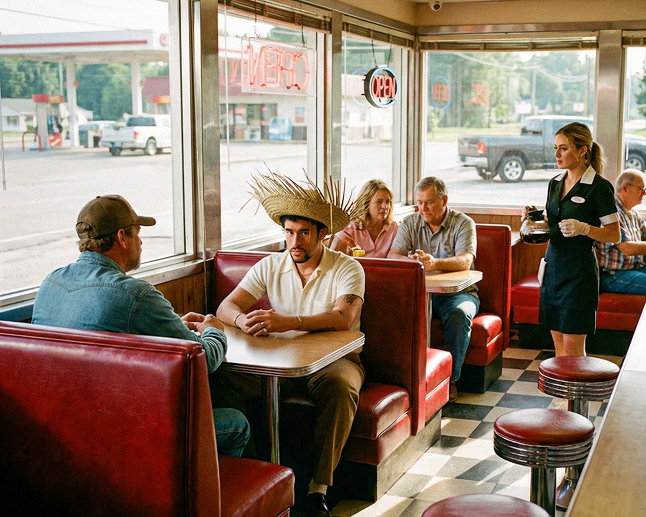 Man met strohoed zit in een Amerikaanse diner tussen lokale bezoekers terwijl hij recht in de camera kijkt