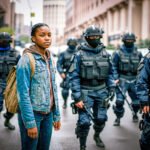 Jong Afro-Amerikaans meisje met rugzak staat kalm tegenover zwaarbewapende federale agenten in een stedelijke straat.