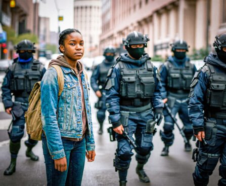 Jong Afro-Amerikaans meisje met rugzak staat kalm tegenover zwaarbewapende federale agenten in een stedelijke straat.