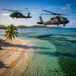 Militair helikopters vliegen laag over een strand op Culebra, Puerto Rico