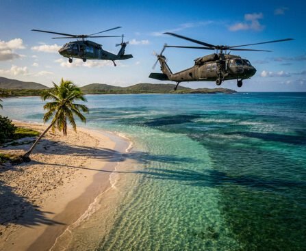 Militair helikopters vliegen laag over een strand op Culebra, Puerto Rico