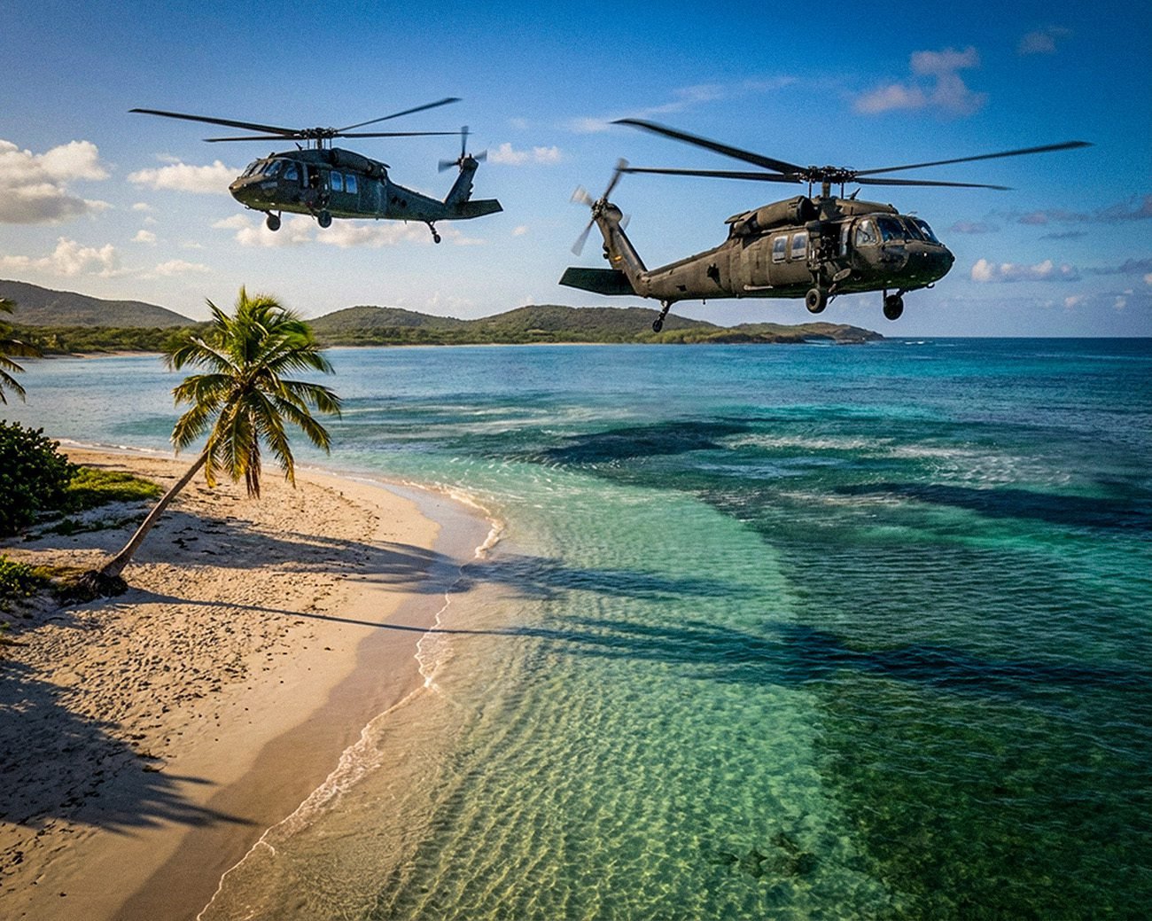 Militair helikopters vliegen laag over een strand op Culebra, Puerto Rico