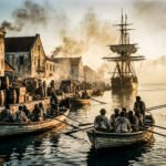 Koloniale haven van Curaçao met roeiboten vol arbeiders en een groot zeilschip aan de kade, handel en maritieme activiteit zichtbaar