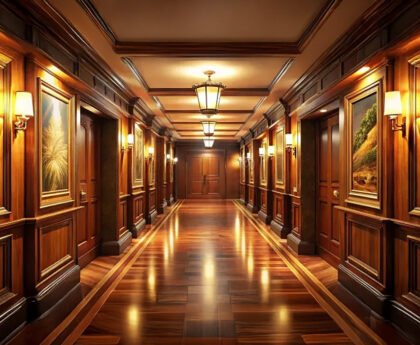 Lege houten hotellobby met gesloten deuren als metafoor voor verborgen politieke deals