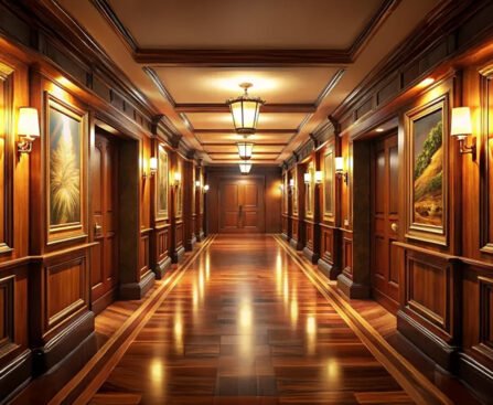 Lege houten hotellobby met gesloten deuren als metafoor voor verborgen politieke deals