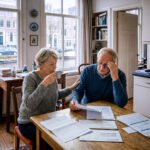 Ouder stel aan een keukentafel in Amsterdam bekijkt hypotheek- en belastingbrieven, symbool voor bezit, zekerheid en ongelijkheid op de woningmarkt.