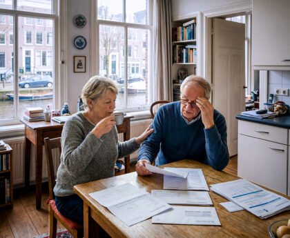 Ouder stel aan een keukentafel in Amsterdam bekijkt hypotheek- en belastingbrieven, symbool voor bezit, zekerheid en ongelijkheid op de woningmarkt.