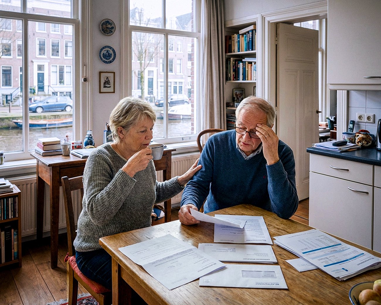 Ouder stel aan een keukentafel in Amsterdam bekijkt hypotheek- en belastingbrieven, symbool voor bezit, zekerheid en ongelijkheid op de woningmarkt.