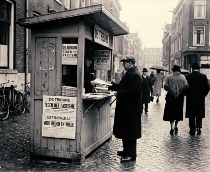 Straatverkoop van socialistische kranten zoals De Tribune en Het Volksdagblad bij een Amsterdamse kiosk in de jaren dertig.