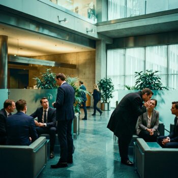 Meerdere kleine groepjes zakelijke professionals voeren vertrouwelijke gesprekken in een ruime lobby van een Europees kantoorgebouw