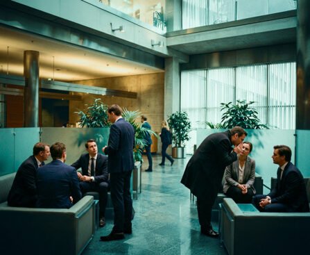 Meerdere kleine groepjes zakelijke professionals voeren vertrouwelijke gesprekken in een ruime lobby van een Europees kantoorgebouw