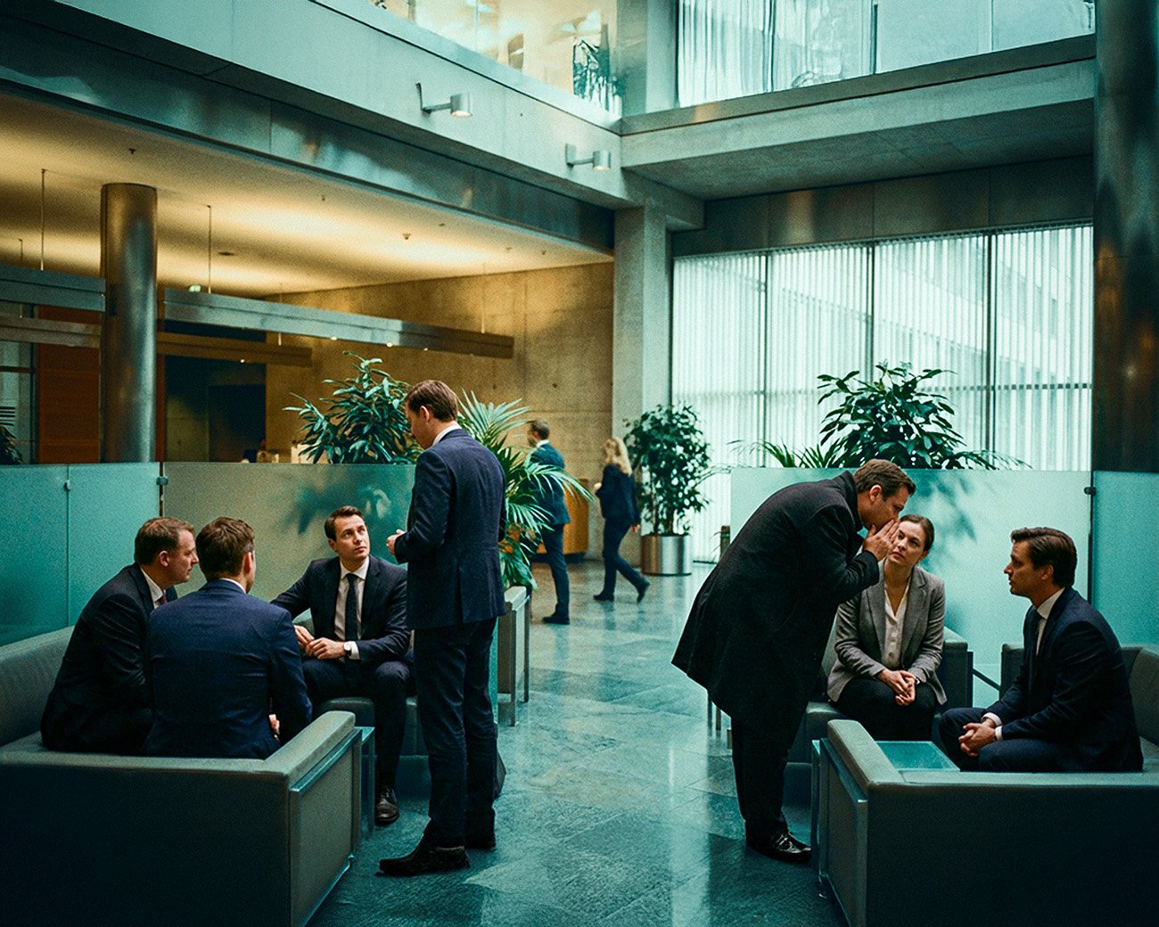 Meerdere kleine groepjes zakelijke professionals voeren vertrouwelijke gesprekken in een ruime lobby van een Europees kantoorgebouw