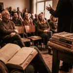 Publiek luistert naar een lezing in een eenvoudige zaal, met op de voorgrond een open boek en een stapel politieke boeken