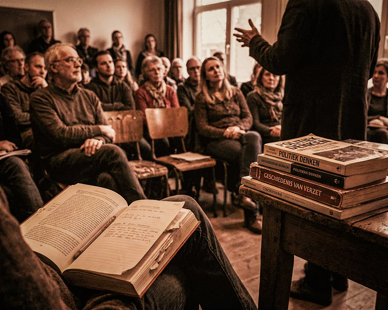 Publiek luistert naar een lezing in een eenvoudige zaal, met op de voorgrond een open boek en een stapel politieke boeken