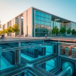 Modern overheidsgebouw met daaronder zichtbaar netwerk van servers, kabels en infrastructuur onder het fundament.